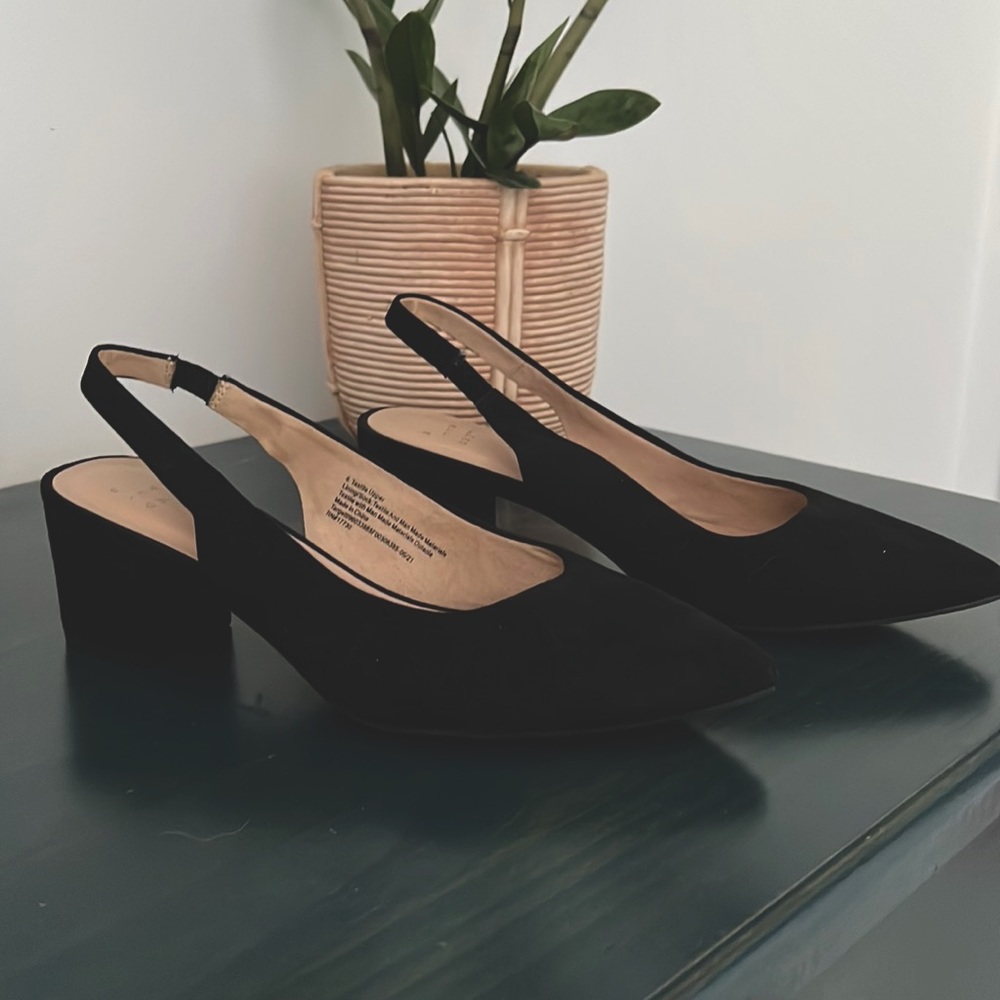 Black Suede Closed Toe Sling Back Pointed Toe Heels